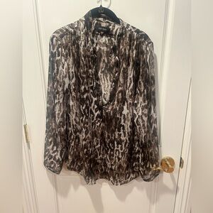 Karen Kane Sheer Animal Print Blouse with Metallic Threads. Size Large.